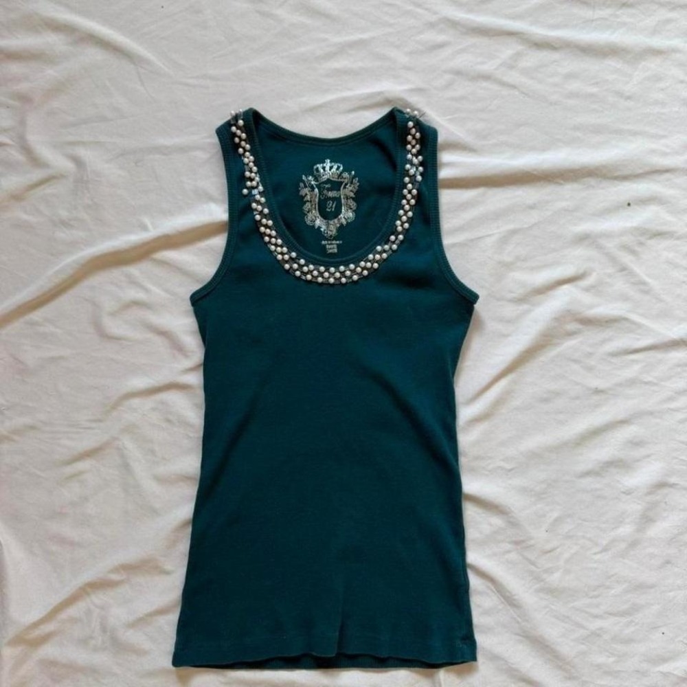 Forever 21 Green Pearl Bead Embellished Tank Top Sz M